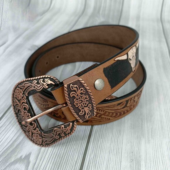 Western Floral Leather Belt For Men or Women, Embossed Tooled Full Grain Leather - Picture 4 of 12